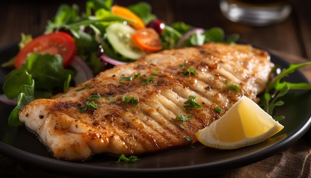 Bife de filé grelhado e prato de salada de legumes gerado por IA