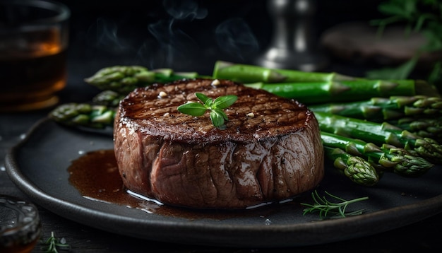 Foto grátis bife grelhado e espargos uma refeição gourmet de frescura gerada pela inteligência artificial