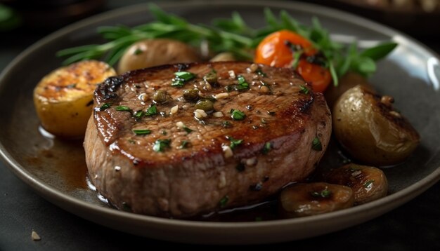 Foto grátis bife grelhado, legumes frescos e batatas preparadas num prato rústico gerado por inteligência artificial