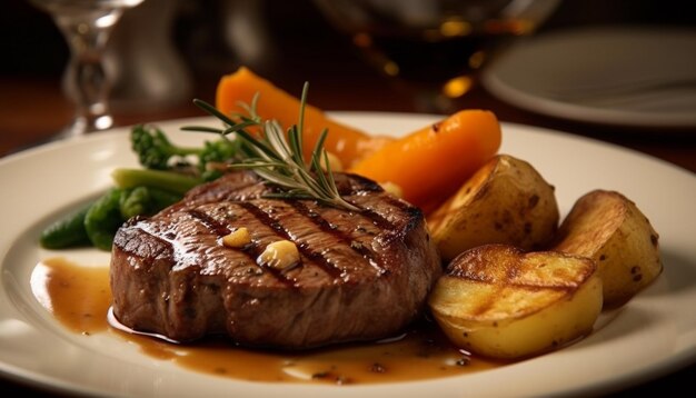 Bife grelhado refeição gourmet legumes frescos cozidos à perfeição gerados por inteligência artificial