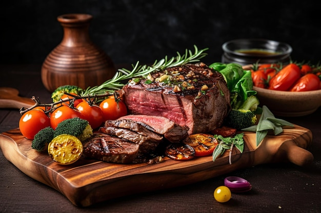 Foto grátis bife suculento carne rara médio com especiarias e legumes grelhados