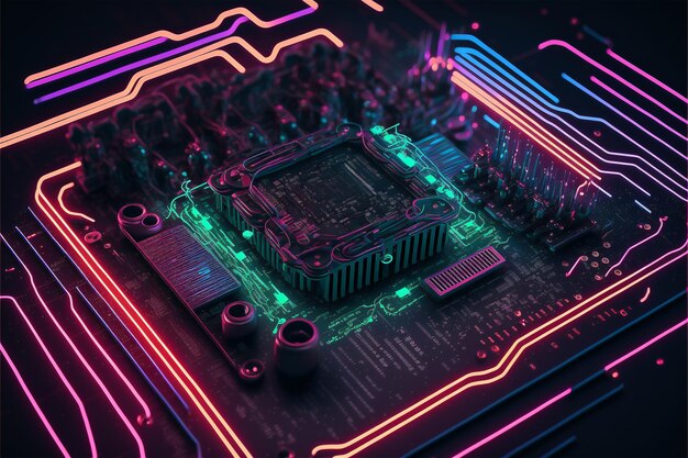 Big data tecnologia ciberespaço placa-mãe microchip placa de circuito processador de computador luz neon