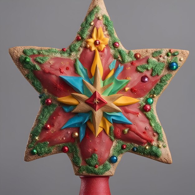 Foto grátis biscoito estrela de gengibre de natal decorado com estrelas multicoloridas em fundo cinza