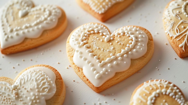 Biscoitos de açúcar em forma de coração decorados com glacê real em um fundo branco liso