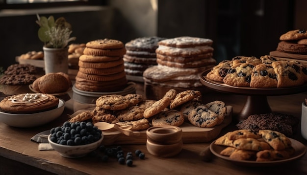 Foto grátis biscoitos de chocolate caseiros na mesa de madeira rústica gerados por ia