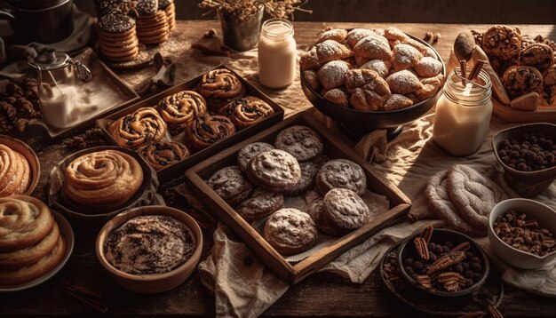 Foto grátis biscoitos de chocolate caseiros na mesa de madeira rústica gerados por ia