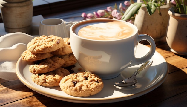 Foto grátis biscoitos de chocolate recém-assados em uma mesa de madeira rústica gerada por inteligência artificial