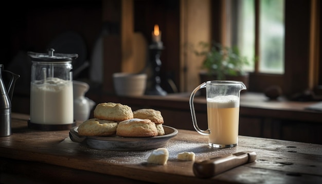 Biscoitos recém-assados na mesa de madeira rústica gerada por IA