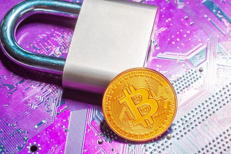 Foto grátis bitcoin de ouro e cadeado