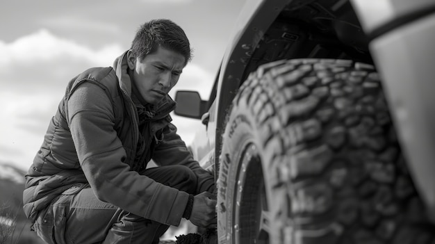 Foto grátis black and white people with off-road car driving for adventure