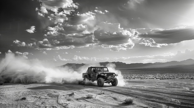 Foto grátis black and white view of off-road vehicle driven on rough terrain