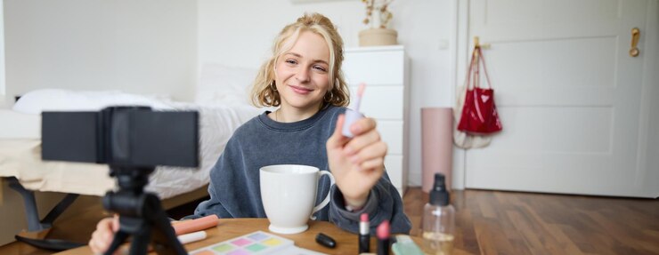 Foto grátis blogueira de beleza de estilo de vida gravando um vídeo dela se maquiando falando com a câmera fazendo