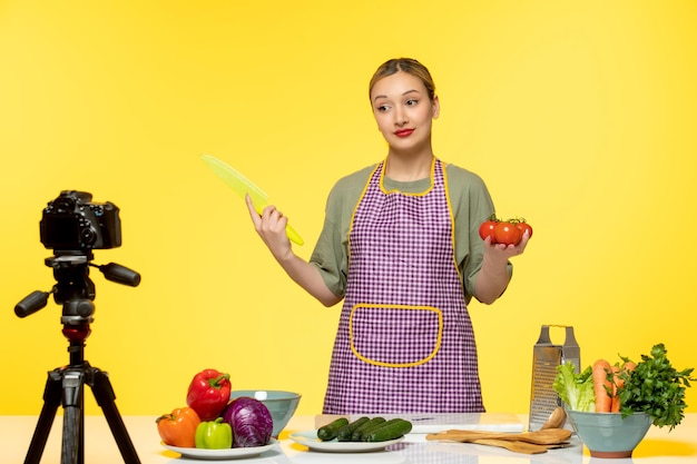 Foto grátis blogueiro de comida bonito e saudável chef gravando vídeo para mídias sociais segurando tomates