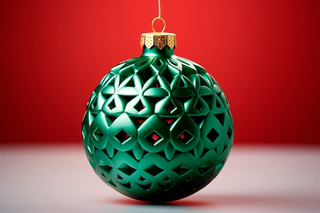 Foto grátis bola de natal metálica verde brilhante em um fundo vermelho