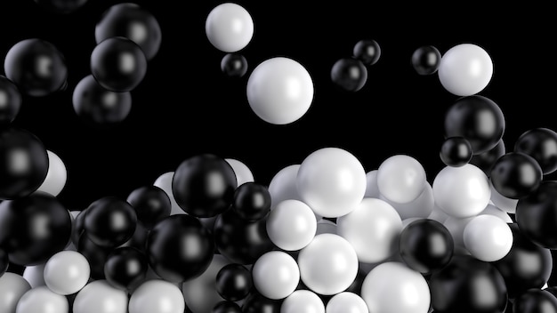 Bolas pretas e brancas caem em uma piscina ou tela em um fundo preto. As esferas preenchem o volume. 3D render.