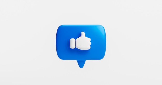 Bolha azul como botão ou ícone polegares para cima ou como conceito de feedback de sinal em renderização 3d de fundo branco