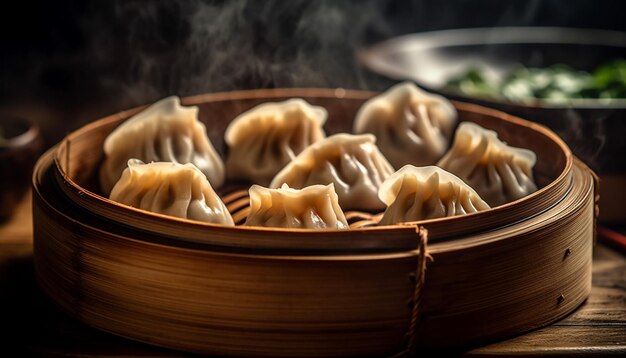 Bolinhos chineses cozidos no vapor carne de porco e vegetais recheados prontos para comer frescor gerado por IA