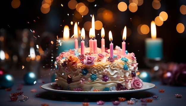 bolo de aniversário com velas, cobertura de chocolate e decorações coloridas geradas por inteligência artificial