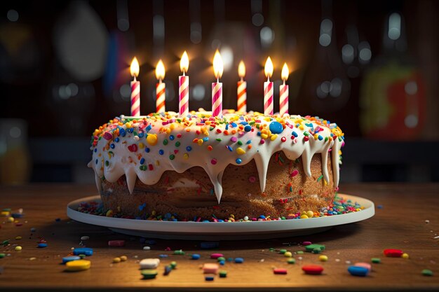 Bolo de aniversário com velas coloridas na mesa de madeira e fundo preto Ai generative