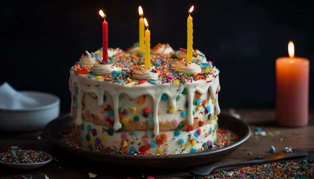 Foto grátis bolo de aniversário com velas, frutas e chocolate gerado por ia