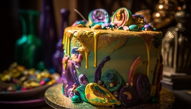 Foto grátis bolo de aniversário multicolorido com decoração ornamentada gerada por ia