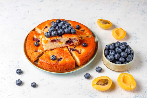 Bolo de damasco e mirtilo com mirtilos frescos e frutas de damasco.