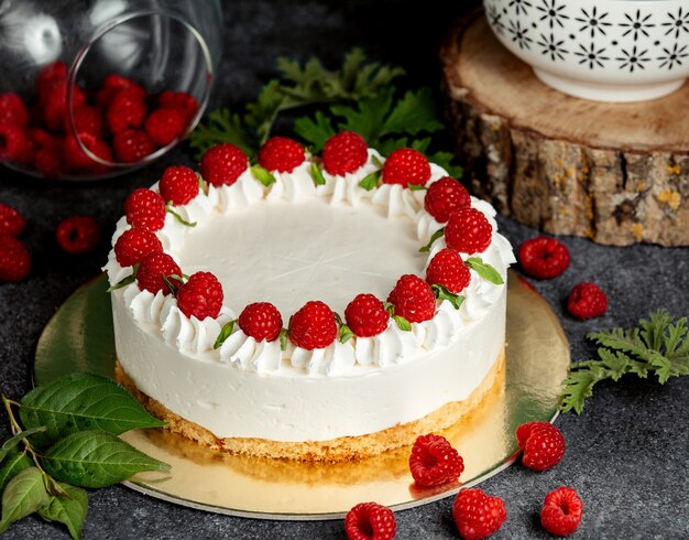 Bolo de framboesa com creme branco decorado com folhas de framboesa e hortelã