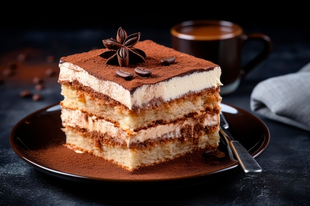 bolo de tiramisu com cacau e café em fundo preto