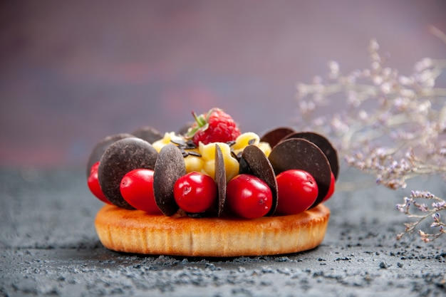 Foto grátis bolo de visão frontal com cornel fruta framboesa e chocolate em fundo escuro