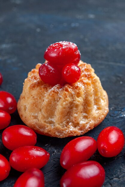 Bolo doce delicioso com dogwoods vermelhos em cinza escuro