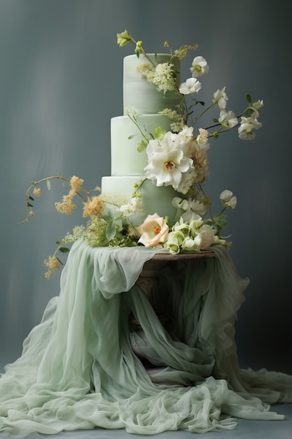 bolo sobrecarregado com pano e flores