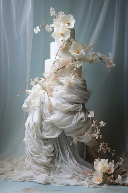 Foto grátis bolo sobrecarregado com pano e flores