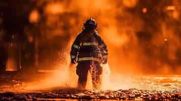 Foto grátis bombeiro cinematográfico usando água e extintor para lutar com chamas de fogo vestindo terno de segurança