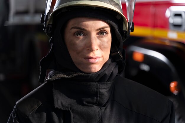 Bombeiro feminino na estação com terno e capacete de segurança