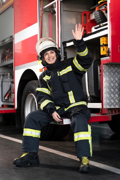 Bombeiro feminino na estação equipado com terno e capacete de segurança