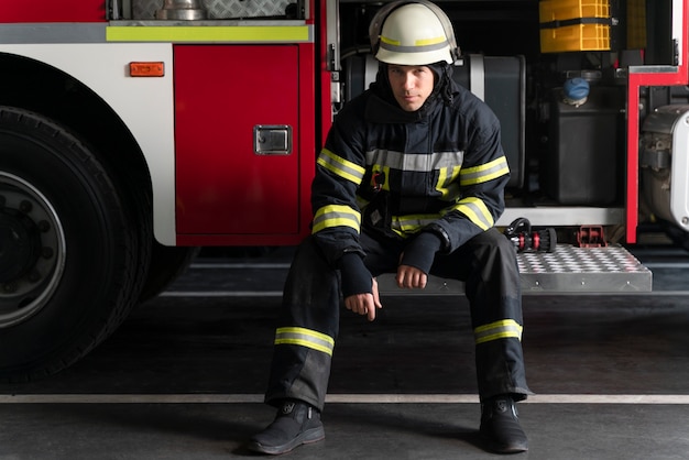 Foto grátis bombeiro masculino na estação equipado com terno e capacete de segurança