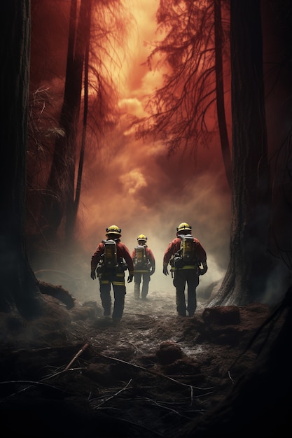 Foto grátis bombeiros ajudando com incêndio na natureza