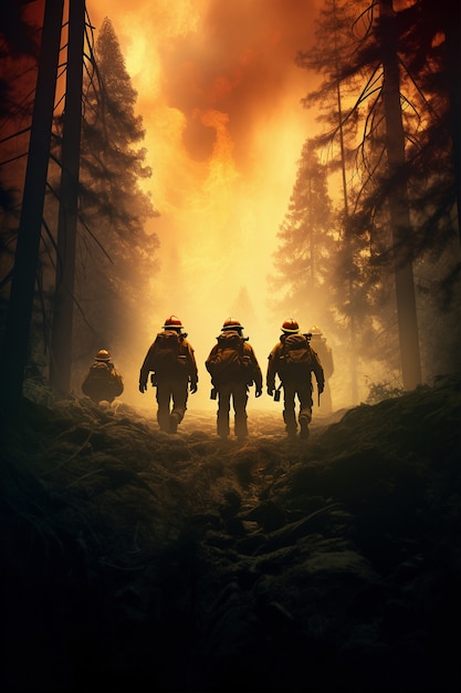 Bombeiros ajudando com incêndio na natureza