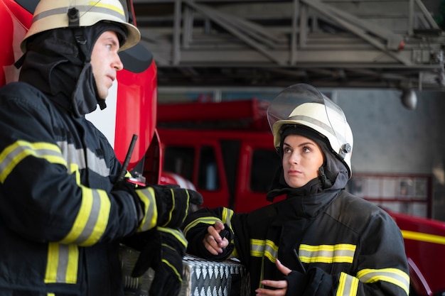 Bombeiros e bombeiros trabalhando juntos em ternos e capacetes