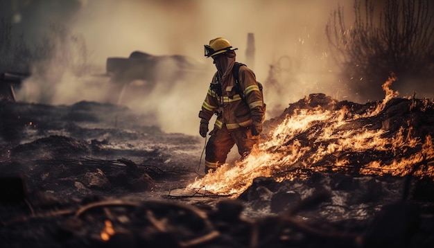 Bombeiros em equipamento de proteção combatem o inferno ardente gerado pela IA