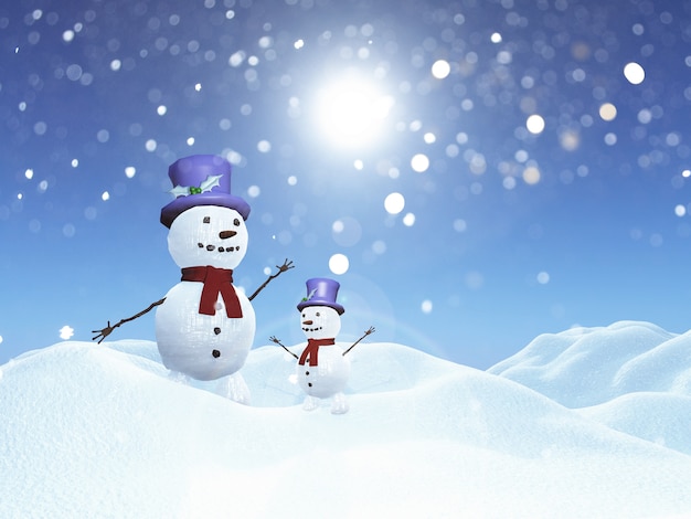 Bonecos de neve 3d na paisagem nevado