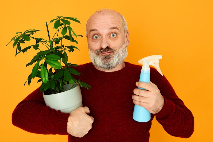 Foto grátis bonito aposentado com a barba por fazer espantado com uma camisola de malha posando isolado com um vaso de flores e um frasco de spray em suas mãos, cultivando e cuidando de plantas decorativas. idade e conceito de passatempo