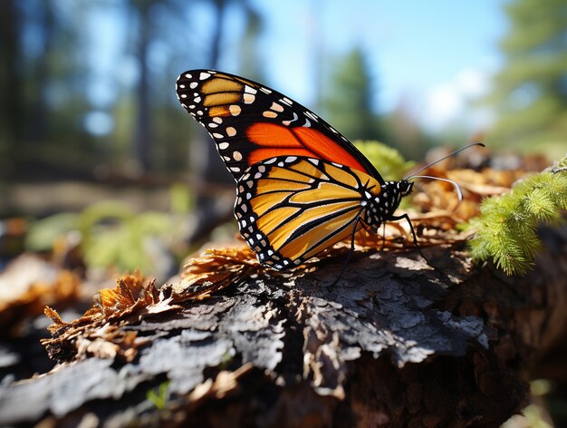 Borboleta laranja no tronco da árvore