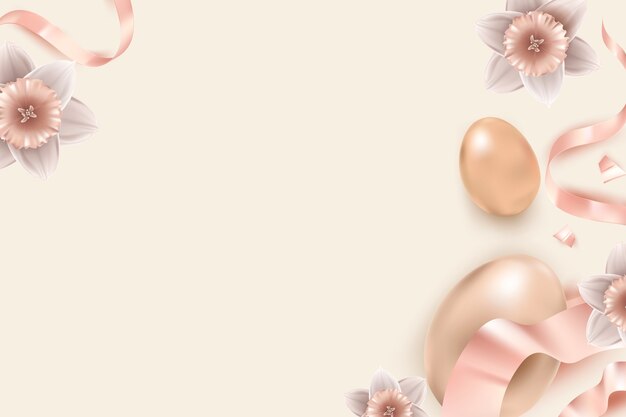 Borda floral de ovos de Páscoa em ouro rosa 3D e fitas em fundo bege para cartão de felicitações