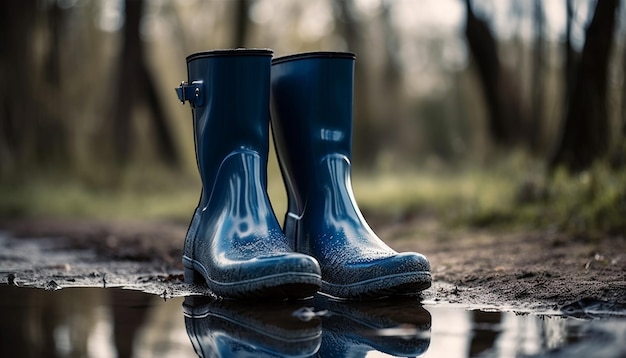 Foto grátis botas de borracha enlameadas refletem a cena da natureza do outono gerada pela ia