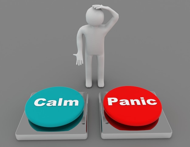 Botões de pânico calmos mostram pânico ou aconselhamento de calma. ilustração renderizada 3d