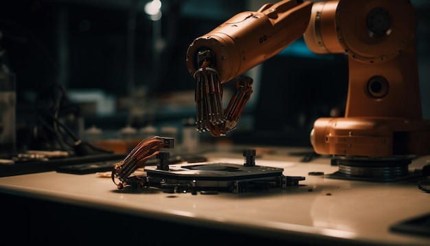 Foto grátis braço robótico futurista virando metal em oficina gerada por ia