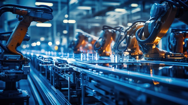 Foto grátis braços robóticos de alta tecnologia em uma fábrica automatizada