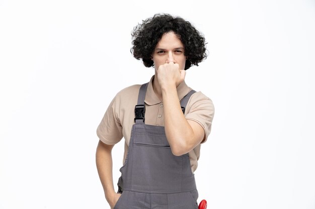 Bravo jovem trabalhador da construção civil vestindo uniforme olhando para câmera mordendo o punho mantendo a mão no bolso com instrumentos de construção no bolso isolado no fundo branco