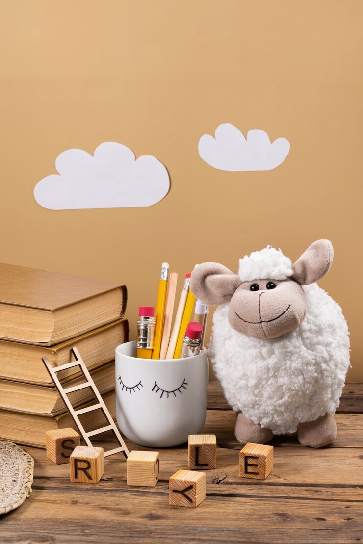 Foto grátis brinquedo de pelúcia fofo e arranjo de livros